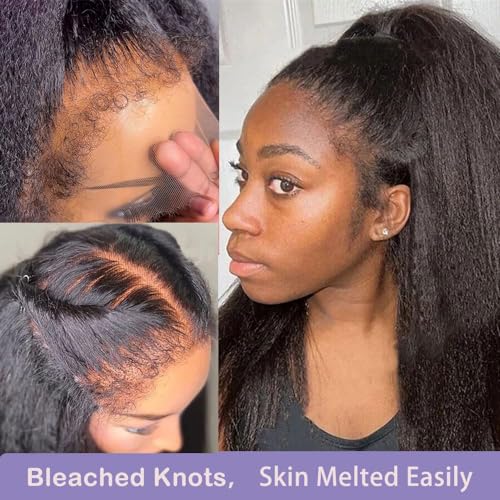 360 Lace Front Wigs Human Hair Pre Plucked Bleached Knots 180% Density Kinky Straight Human Hair Wig with 4C Curly Edges Hairline 360 HD Full Lace Frontal Wig Human Hair (20inches)