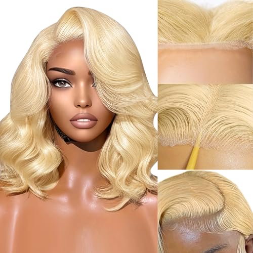 613 Lace Front Wig Human Hair 7¡¿5 Glueless Blonde Body Wave Lace Front Wigs Human Hair Pre Plucked Pre Cut 180% Density Wear And Go Blonde Short Bob Wigs For Women 14inch