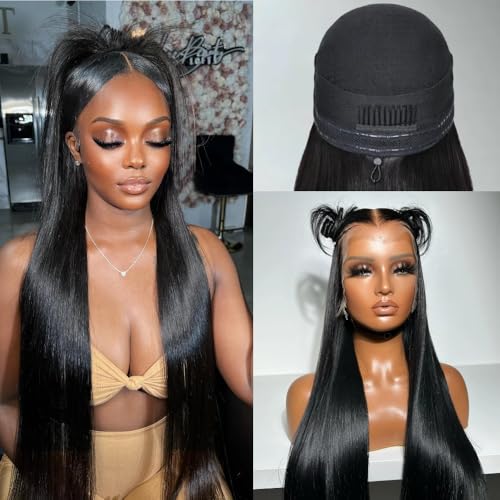 Miss Flower 13x6 Glueless Full Frontal Pull Go Wigs With Drawstring 250 Density Hidden Strap Snug Fit Ultra-thin Invisible Lace Wig Pre Plucked Pre Cut Lace 26Inch Straight Wigs Human Hair For Women