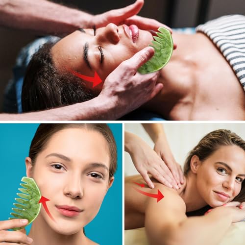 BBTO 2 Pcs Jade Comb for Scalp Massage Gua sha Comb for Head Body spa Hair Multifunctional Handheld Massage Tools(Round, Classic Style)