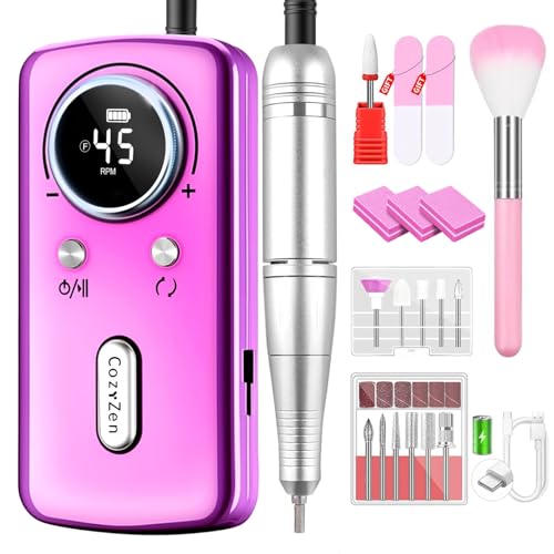 CozyZen Cordless Nail Drill Professional: 45000 RPM Rechargeable Electric Nail File Kit, Portable & Low Noise for Acrylic, Gel Nails, Manicure & Pedicure - Salon & Home Use