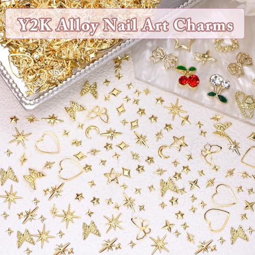 2 Boxes 300 Pcs Gold Nail Charms, Cherry Nail Charms, Bows Star Heart Crosses Butterfly Crown Nail Gold Charms, Multi Shapes Golden Nail Art Studs, Y2K Gold Charms for Nail DIY