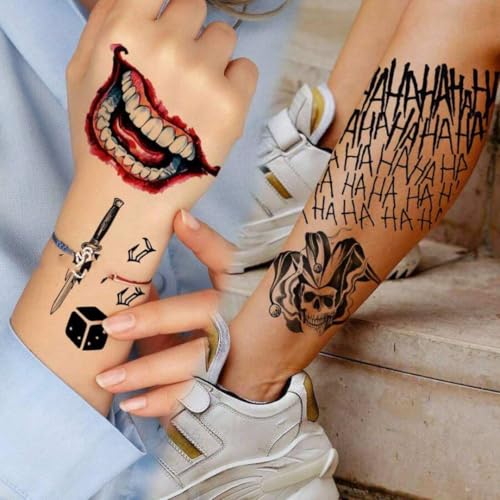 3 Sheets Joker Tattoos, Large-Size Halloween Temp Tattoo for Men, Realistic Waterproof Last-Long Fake Stickers for Suicide Squad Clown HQ Costume Cosplay Party Accessories Masquerade Makeup