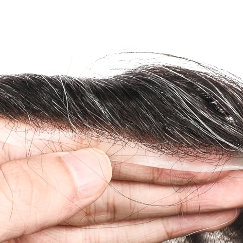 Men Toupee Hair System Human Hair Replacement For Men 0.04mm Ultra Thin Skin Toupee For Men V-looped Hair Piece (220# Darkest Brown with 20% Grey, 8x10"-100% Light Med-Light Density)