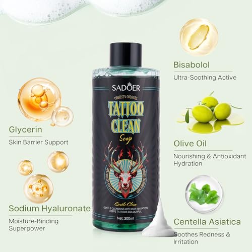 VRAIKO SADOER Ultra-Concentrated Tattoo Green Soap 10oz with Foaming Bottle 120ml, 1:10 Dilution Tattoo Soap Supplies for Tattoos Piercings, Clean Skin Equipment