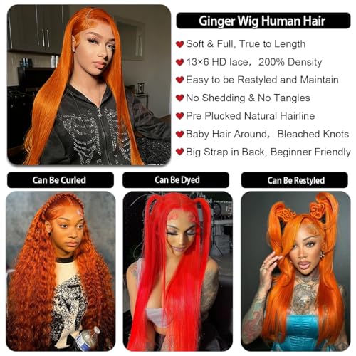 32 Inch Ginger Wig Human Hair 13X6 200% Density Ginger Orange Lace Front Wigs Human Hair 350 Colored Straight HD Transparent Lace Frontal Wigs Pre Plucked With Baby hair