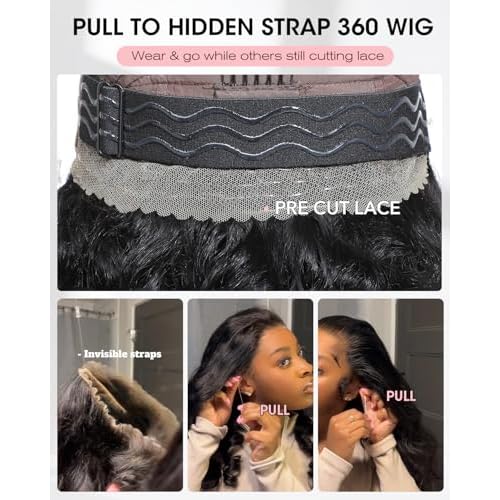 Hidden Strap 360 Glueless Lace Front Wigs 100% Human Hair 200% Density Pre Plucked HD Lace Loose Body Wave 360 Full Lace Human Hair Wigs With Invisible Drawstring for Black Women 20 Inch