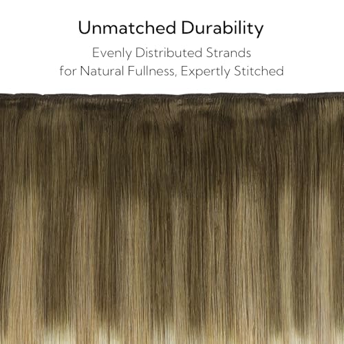 HOTBANANA Sew in Hair Extensions, 22inch 110g Ombre Walnut Brown to Ash Brown and Bleach Full Head Weft Real Human Hair Extensions Straight