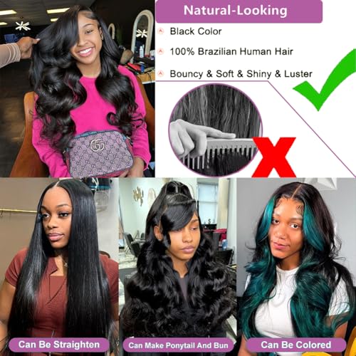 Human Hair Bundles Body Wave 22 24 26 28 Inch Brazilian 12A 100% Virgin Double Weft Quick Weave for Women, Black Color, 400g