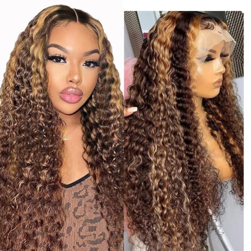 13x6 Highlight Lace Front Wigs Human Hair 30 Inch 4/27 Ombre Deep Wave Lace Front Wigs Human Hair Pre Plucked 180% Density Honey Blonde Curly Wigs