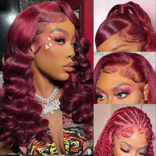 Burgundy Wig Human Hair Wigs for Black Women13x4 Deep Wave Lace Front Wigs Pre Plucked 200% Density 99j Loose Deep Wave Wigs Red Wine Virgin Glueless Wig22 Inch