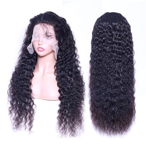 32 Inch Deep Wave Lace Front Wigs Human Hair 13x4 Deep Curly Human Hair Wig Pre Plucked 180% Density HD Transparent Lace Front Wigs for Black Women Deep Wave Frontal Wigs Natural Black
