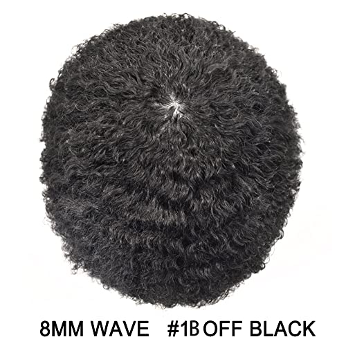 Afro Curly Toupee 0.1mm PU Base Human Hair Units for Black Men African American Afro Wavy Black Mens Hair System Brazilian Hair Wig8"X10"#1B Off Black-8mm Wave