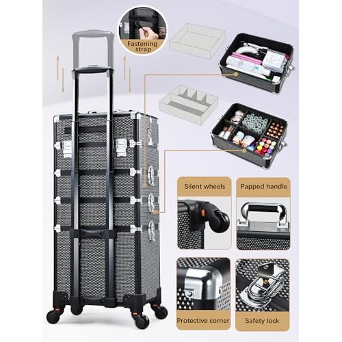 Costravio 5 in 1 Rolling Makeup Case on Wheels Large Cosmetology Case Organizer Beauty Cosmetic Train Case Travel Nail Cart for Make-up Studio Hair Salon, Black Rhinestone