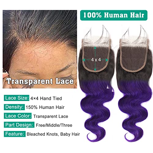 Purple Ombre Bundles with Closure Body Wave Human Hair Weave, Brazilian 3Bundles with Free Closure Virgin Remy Hair Ombre 1b/purple 2 Tone Wavy for Women (141618+12"closure, 1b/Purple)