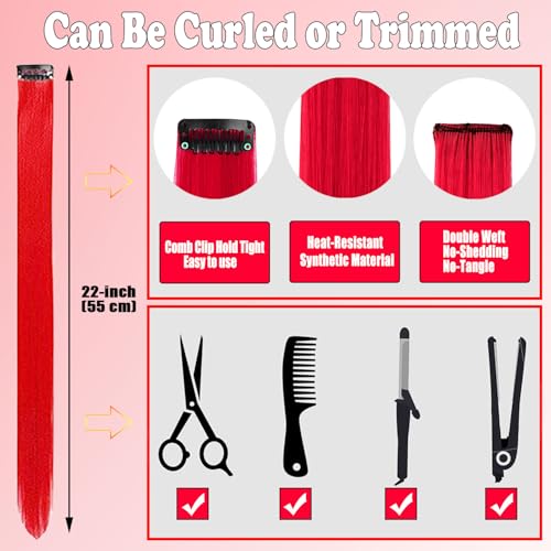 12 PCS Red Hair Extensions Clip in, 22 Inch Colored Hair Extensions Party Highlights Long Straight Synthetic Hairpieces for Women Kids Girls Cosplay