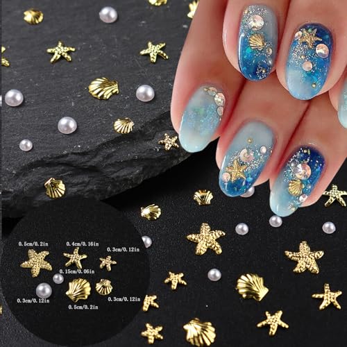 100Pcs Starfish Nail Charms and Gems Summer Ocean Style Nail Art Charms Alloy Seashell Nail Rhinestones Flat Back Pearl Nail Art Rhinestones for Women Beach Vacation Nail Designs Supplies