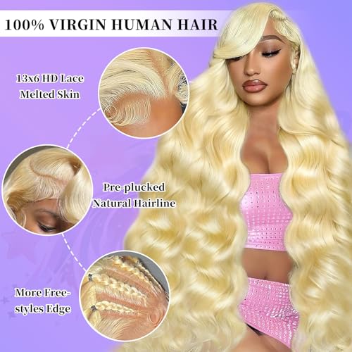 36 Inch 613 13x6 Lace Front Wig Human Hair 200 Density Blonde Body Wave Lace Front Wigs Human Hair Pre Plucked 613 HD Lace Frontal Wig 13x6 Blonde Glueless Wigs Human Hair for Women