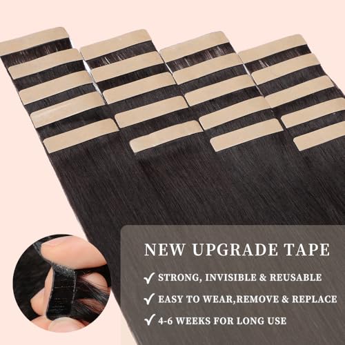 Human Hair Tape in Extensions, Natural Black Hair Extensions Real Human Hair 20 Inch 20pcs Remy Straight Tape ins Invisible Tape in Hair Extensions Human Hair (1B#,20 Inch)