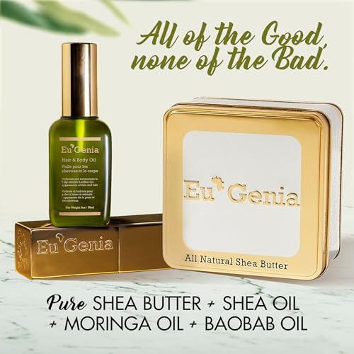 Eu'Genia Shea Face, Lip & Body Shea & Moringa 3-PC Gift Set ? Hydrating Lip Balm, Nourishing Body Oil, 12oz Dermatological Shea Butter ? Natural Skincare