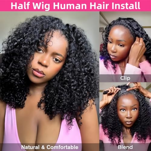 24 Inch Half Wig Human Hair 200 Density Curly Half Wig 3 IN 1 Half Wig With Drawstring Seamless Clip Ins Flip Over Glueless Wigs Human Hair Wear and Go Headband Wig No Glue No Lace for Women