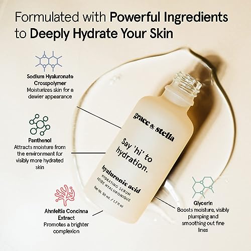 grace & stella Award Winning Hyaluronic Acid Serum (50ml/1.7 fl oz) Hydrating Hyaluronic Acid Serum for Face - Acido Hialuronico for Women - Remove Fine Lines, Wrinkles, Anti Aging - Vegan Skincare