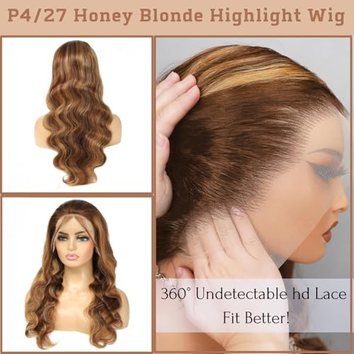 Highlight 360 Body Wave Lace Front Wigs Human Hair, Pre Plucked 180% Density Honey Blonde Highlighted Ombre Full 360 HD Lace Frontal Wig, 4/27 Colored 12A Thick Brazilian Remy Hair 18 IN