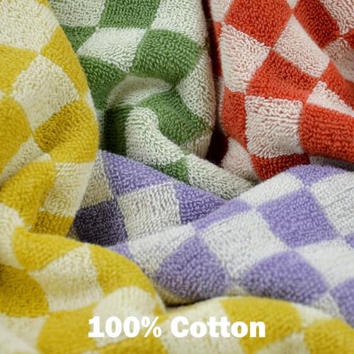 Jacquotha Wash Cloths Checkered 4 Pack 4 Colors - Cotton Washcloths for Face Body, 13 x 13 Inches Daily Cleansing Kitchen Towels