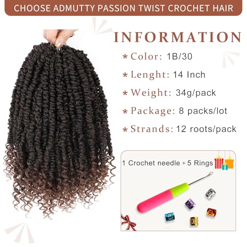Passion Twist Crochet Hair, Passion Twist Crochet Hair Pre-Twisted 14 inch 8 Packs, Soft Pre Looped Curly Crochet Braid Hair Extension,Pre Looped Crochet Hair For Black Women(T30)