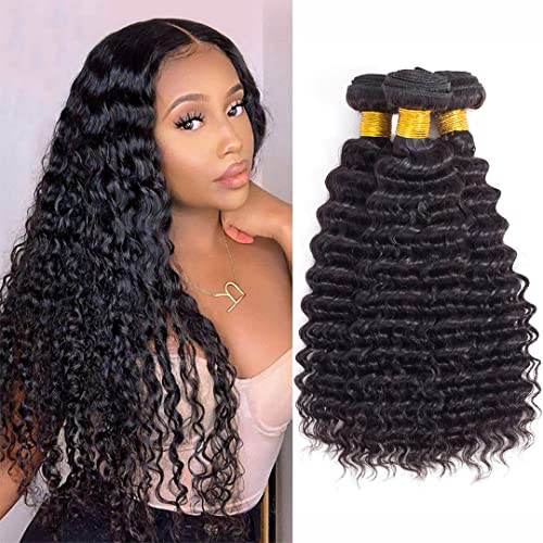 Brazilian Virgin Deep Wave Hair 3 Bundles 9A 100% Unprocessed Virgin Brazilian Remy Human Hair Loose Deep Wave Hair Bundles Human Hair Extensions Natural Black for Black Women (26 28 30)