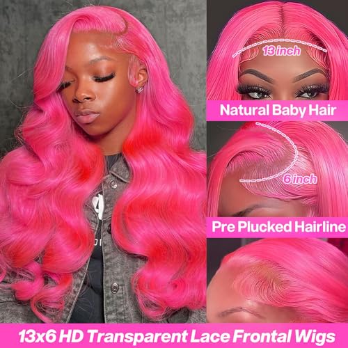 32 Inch Pink Human Hair Wig 200 Density 13x6 HD Lace Front Wigs Human Hair Pre Plucked Body Wave Pink Lace Front Colored Glueless Wigs for Women with Baby Hair