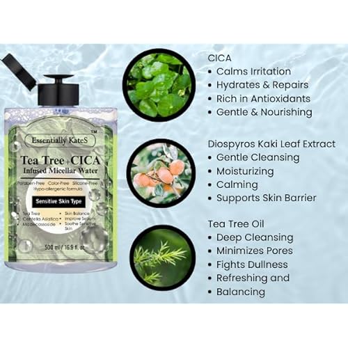 Essentially KateS Makeup Remover Micellar Cleansing Water 16.9 Fl Oz with Hyaluronic Acid & Tea Tree, Hydrating and Suitable for Sensitive Skin - Eyes+Face+Lips - Korean Skin Care