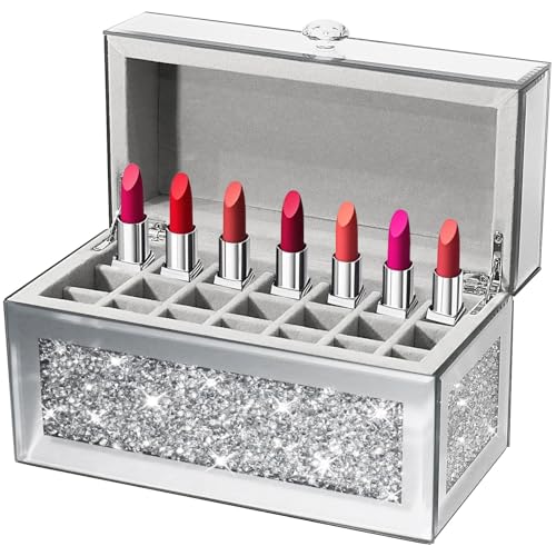 21-Slot Mirrored Lipstick Organizer, Rollerball Perfume Glass Storage box with Lid,Lip Gloss Storage for Vanity, Crushed Diamond Home Decor, 9.2''x 4.5'' x 5.15''