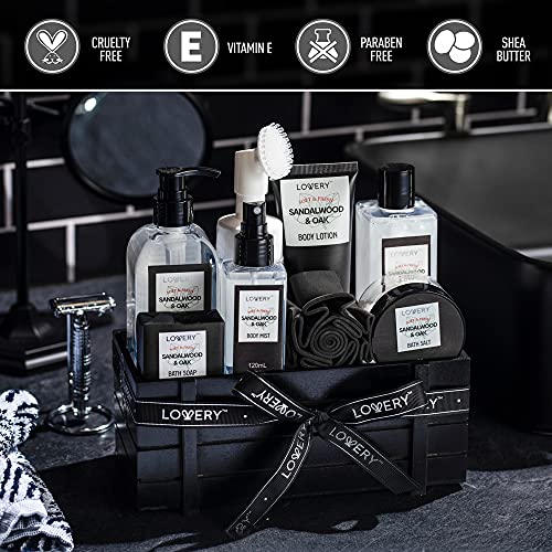 Birthday Gifts Spa Kit for Men - Sandalwood and Oak Scented Bath Gift Set and Shower Gift Basket With Face Wash & Brush, Shower Gel, Bubble Bath, Body Lotion, Body Mist, Handmade Soap, Salts & Puff