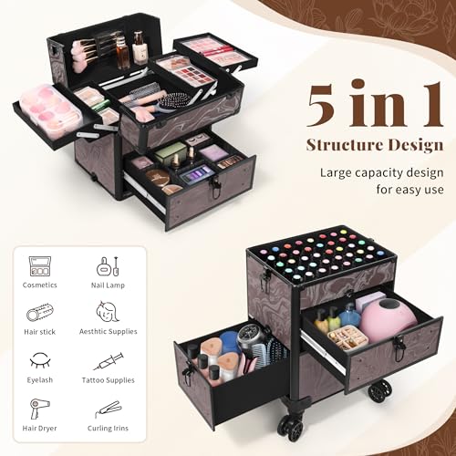 AROUS Rolling Makeup Case with 3 Drawers, Cosmetology Case on Wheels 5 IN 1 Makeup Train Case Make Up Organizer for Artist Salon Nail Teach Trunk,Brown
