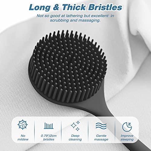 Manmihealth Silicone Back Scrubber(Thick Bristles) & Soft Bath Glove Set, Super-Exfoliating Body Scrubber & Super-Lathering Shower Brush Combination, with a Free Hook.(Black)
