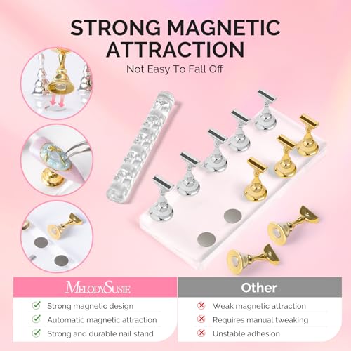 MelodySusie Nail Stand for Press Ons, Big Transparent Acrylic Magnetic Base for Painting Display with Brush Holder and 100 Pcs Reusable Double-Sided Tape for Home DIY Salon Supplies