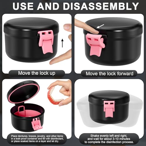 Denture Cup, Leak Proof Denture Bath Case for Travel, False Teeth Container for Soaking Dentures & Retainer, Retainer Cleaner Case, Black+Pink.