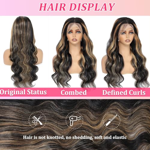 Juvid 13x6 Highlight Lace Front Wigs Human Hair FB/27 Ombre Body Wave HD Transparent Balayage Lace Front Wig Human Hair 180% Density Glueless Wig 26inch for Black Women Pre Plucked Hairline