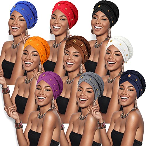 SATINIOR 9 Pcs Turbans for Women Braid Headscarf Hair Wrap Pre Tied Twisted Turbans Beanie Beaded Knotted Headband for Women