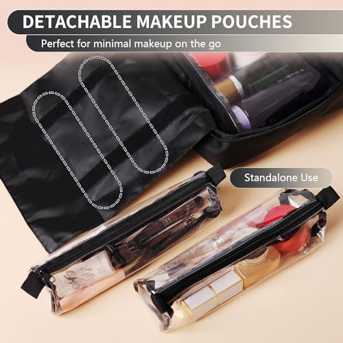 Solenna Black Travel Toiletry Bag for Women Men, Large Waterproof Leather Makeup Cosmetic Bag with 2 Removable Clear Bags, Portable Hanging Make Up Bag Bathroom Shower Toiletries Travel Organizer