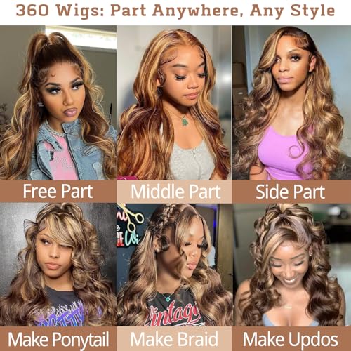 Highlight 360 Body Wave Lace Front Wigs Human Hair, Pre Plucked 180% Density Honey Blonde Highlighted Ombre Full 360 HD Lace Frontal Wig, 4/27 Colored 12A Thick Brazilian Remy Hair 18 IN