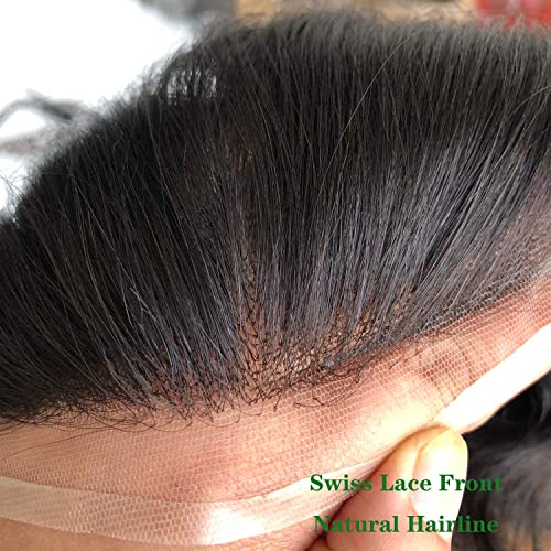 Toupee for Men 100% European Human Hair Swiss Lace Front Natural Hairline Hair Pieces 0.08mm Thin Skin PU V-looped Men's Hair Replacement System 8x10 Inches 1B Off Black Color