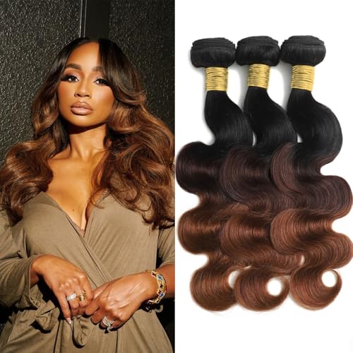 T1B/2/30 Chestnut Brown Ombre Human Hair Bundles Body Wave 100% Real Virgin Human Hair Bundles 20 22 24 Inch Dark Roots Bundle 3 Tone Ombre Medium Auburn Colored Sew in Quick Weaves