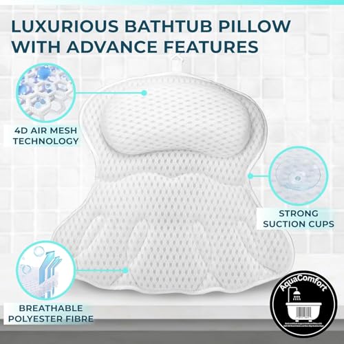 Bathtub Pillow, Luxury Bath Pillows for tub Neck, Back and Shoulder Support, Thick Padded, Ergonomic Bath Tub Pillow with 4D Air Mesh Cushions, Strong Suction Cups, Relaxing Bath Accessories Spa Gifts