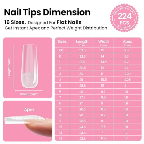 Beetles Tipex Instant Apex Nail Tips Kit, Square Long, 224pcs 16 Sizes, with Tipex Nail Glue, Dehydrator, Primer, Base & Top Coat, Mini UV Lamp, Pre-Building Kit