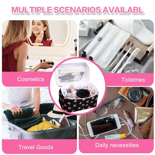 Cotton Quilted Makeup Bag Coquette Accessories Make up Bag Organizer Cute Bow Floral Cosmetic Pouch Travel Makeup Bag Mystery black Pure white (White black bow-01)