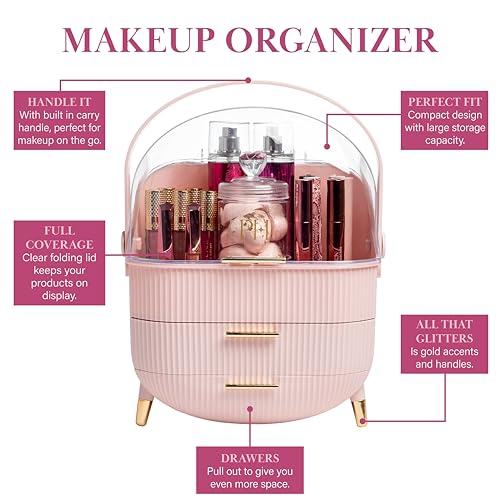 Paris Hilton Makeup Storage Organizer with Lid, Cosmetics and Skincare Organizer for Vanity, Portable Makeup Storage Box for Countertop, Fluted Design with Gold Accents, Pink