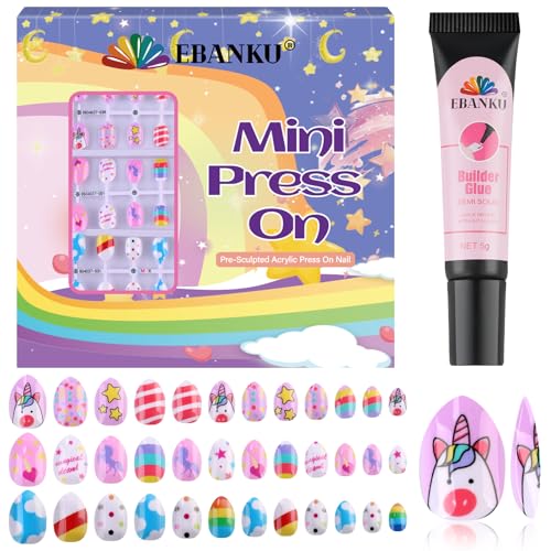 EBANKU Kid Press on Nails, 72Pcs Almond Fake Nails Kit Full Cover Colorful Cute Patterns Design Acrylic Nails with Nail Glue for Girl Halloween Party