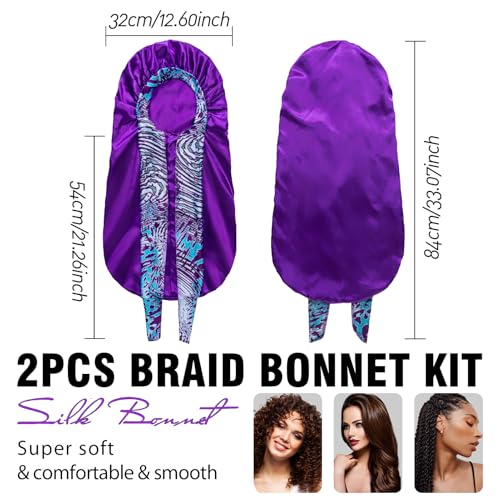 2Pcs Bonnets for Women Sleeping Braid Bonnet, Large Long Satin Silk Bonnet for Braids, Black Women Braid Bonnets with Stretchy Tie Band for Sleeping Extra Long (Black & Purple Pattern)